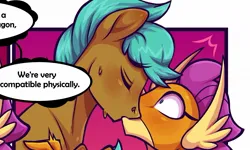 Size: 1309x783 | Tagged: suggestive, artist:moonseeker, derpibooru import, smolder, oc, oc:cyan sand, dragon, earth pony, comic:tea party 3, cropped, dragoness, female, image, interspecies, jpeg, kiss on the lips, kissing, male, pony on dragon action