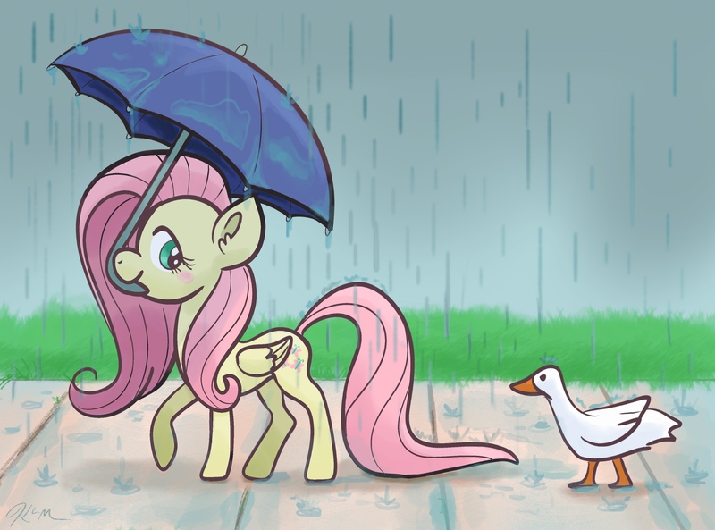 Size: 3445x2554 | Tagged: safe, artist:catscratchpaper, derpibooru import, fluttershy, bird, duck, pegasus, pony, grass, image, jpeg, mouth hold, rain, sidewalk, umbrella