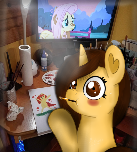 Size: 2480x2762 | Tagged: safe, artist:mashee, derpibooru import, fluttershy, oc, oc:mashee, pony, unicorn, g4, adorable face, blushing, confused, cute, horn, image, irl, paintbrush, painting, photo, png, realistic, room, shocked, shocked expression, shocked eyes