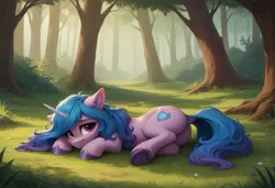 Size: 1216x832 | Tagged: prompter needed, safe, ai content, derpibooru import, machine learning generated, izzy moonbow, pony, unicorn, g5, cute, female, forest, grass, horn, image, izzybetes, jpeg, looking at you, lying down, mare, nature, tree, underhoof, unshorn fetlocks