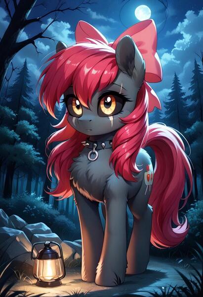 Size: 800x1169 | Tagged: safe, ai content, derpibooru import, machine learning generated, prompter:gregorymars, stable diffusion, apple bloom, earth pony, pony, undead, zombie, zombie pony, story of the blanks, g4, apple bloom's bow, black sclera, blanked apple bloom, bow, chest fluff, collar, eye scar, facial scar, female, forest, full moon, generator:pony diffusion v6 xl, hair bow, image, jpeg, lantern, mare, moon, nature, night, outdoors, scar, solo, spiked collar, tree