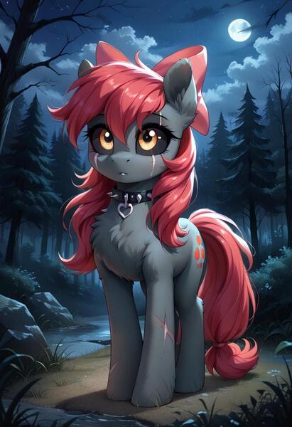 Size: 800x1169 | Tagged: safe, ai content, derpibooru import, machine learning generated, prompter:gregorymars, stable diffusion, apple bloom, earth pony, pony, undead, zombie, zombie pony, story of the blanks, g4, apple bloom's bow, black sclera, blanked apple bloom, bow, chest fluff, collar, eye scar, facial scar, female, forest, full moon, generator:pony diffusion v6 xl, hair bow, image, jpeg, mare, moon, nature, night, outdoors, scar, solo, spiked collar, tree