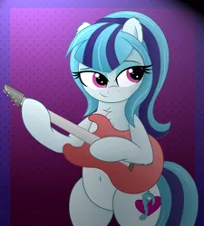 Size: 3016x3356 | Tagged: safe, artist:rainbowšpekgs, derpibooru import, sonata dusk, earth pony, pony, g4, bipedal, chest fluff, eyeshadow, female, guitar, hind legs, image, makeup, musical instrument, png, rainbow rocks 10th anniversary, solo, standing