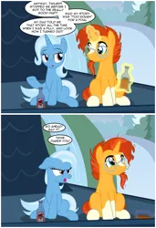 Size: 2542x3727 | Tagged: safe, artist:badumsquish, derpibooru import, part of a set, sunburst, trixie, oc, oc:prattle, changeling, pony, unicorn, 2 panel comic, alcohol, angry, beard, beer, beer bottle, blaze (coat marking), bottle, coat markings, comic, derpibooru exclusive, dialogue, drink, drinking, duo, facial hair, facial markings, female, floppy ears, glare, glasses, hanging out, heart, high res, horn, image, implied jack pot, implied twilight sparkle, looking away, magic, major payne, male, mare, mountain, png, river, roof, rooftop, school of friendship, scrunchy face, ship:trixburst, shipping, show accurate, sitting, smiling, smirk, socks (coat marking), spill, spilled drink, stallion, stifling laughter, straight, talking, telekinesis, threatening, tree, water, waterfall