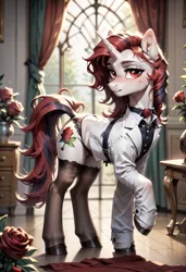 Size: 832x1216 | Tagged: suggestive, ai content, derpibooru import, generator:civitai, machine learning generated, prompter:onyxvesper, stable diffusion, oc, oc:rosa maledicta, unicorn, equestria at war mod, clothes, generator:pony diffusion v6 xl, horn, image, jpeg, panties, shirt, socks, stockings, thigh highs, underwear