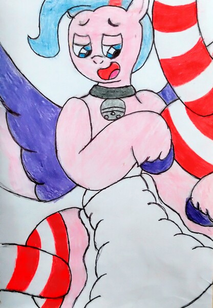 Size: 2260x3259 | Tagged: safe, artist:bitter sweetness, derpibooru import, queen haven, pegasus, pony, g5, abdl, adult foal, clothes, diaper, diaper fetish, fetish, image, jpeg, non-baby in diaper, open mouth, open smile, poofy diaper, simple background, smiling, socks, striped socks, traditional art, white background