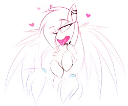 Size: 1414x1168 | Tagged: safe, artist:madragon, derpibooru import, oc, oc:marshmallow bombshell, pegasus, pony, chest fluff, collar, ear piercing, female, heart, holiday, image, looking at you, mare, mouth hold, one eye closed, pegasus oc, piercing, pigtails, png, raised hoof, seductive look, simple background, sketch, solo, solo female, twintails, two tails, valentine, valentine's day, white background, wings, wink, winking at you