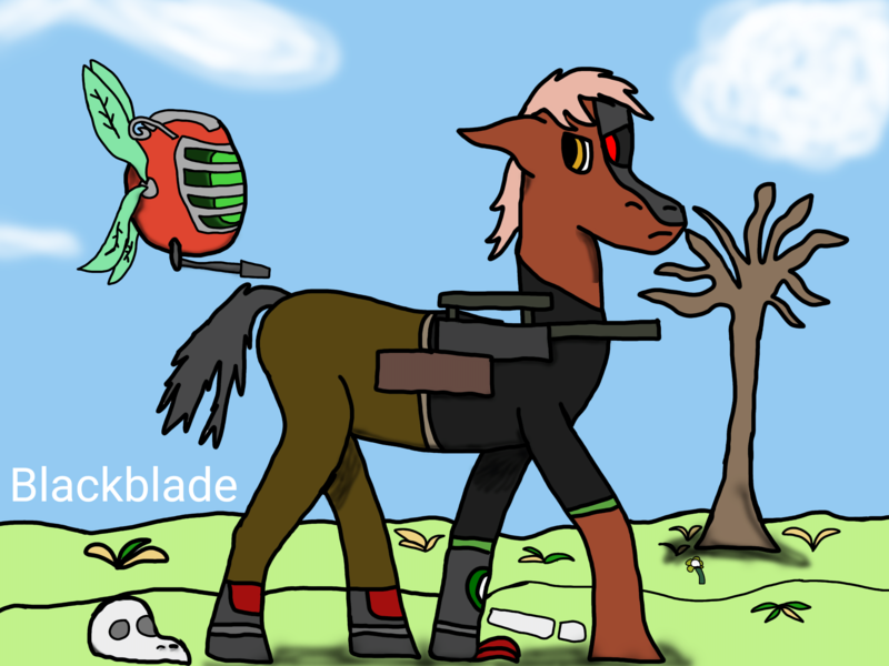 Size: 4096x3072 | Tagged: safe, artist:blackblade360, derpibooru import, oc, oc:silvershot, unofficial characters only, cyborg, cyborg pony, earth pony, parasprite, pony, fallout equestria, 2024, angry, battle saddle, black tail, bone, claw, clothes, cloud, dead tree, digital art, earth pony oc, floppy ears, flower, flying, frown, grass, grass field, ibispaint x, image, male, messy tail, orange eyes, pants, plant, png, post apocalypse, red coat, shirt, signature, skeleton, skull, sky, spritebot, stallion, stallion oc, story included, tail, tan mane, tree, walking