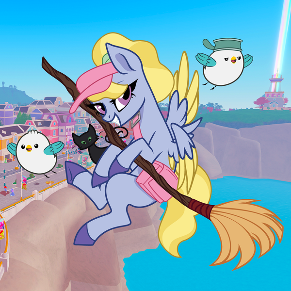 Size: 1920x1920 | Tagged: safe, artist:grapefruit-face, derpibooru import, kenneth, bird, cat, pegasus, pony, seagull, g4, g5, anime reference, bag, base used, broom, cap, fifi (g5), flying, flying broomstick, g5 to g4, generation leap, hat, image, kiki's delivery service, looking at you, maretime bay, png, pun, steven, visual pun