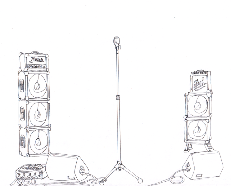 Size: 2706x2181 | Tagged: safe, artist:ciaran, derpibooru import, amplifier, background, cable, derpibooru exclusive, illustration, image, microphone, microphone stand, mixing console, no pony, png, simple background, speaker, stage, white background, wip