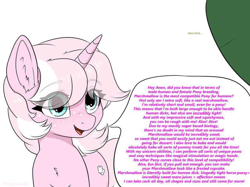 Size: 2000x1500 | Tagged: suggestive, artist:marshmallowfluff, derpibooru import, oc, oc:anon, oc:marshmallow fluff, unofficial characters only, human, pony, unicorn, copypasta, explicit text, horn, horse pussy, image, implied human on pony action, implied interspecies, pink fur, png, talking, text, unicorn oc