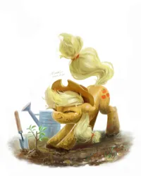 Size: 4000x5000 | Tagged: safe, artist:flvski, derpibooru import, applejack, earth pony, pony, g4, applejack's hat, cowboy hat, female, gardening, hat, image, mare, png, stretching