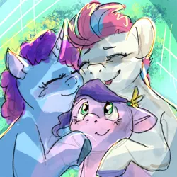 Size: 1280x1280 | Tagged: safe, artist:flurryheart04, derpibooru import, pipp petals, zipp storm, pegasus, pony, unicorn, g5, :p, abstract background, cheek to cheek, eyes closed, female, floppy ears, group hug, horn, hug, image, jpeg, mare, misty brightdawn, open mouth, open smile, rebirth misty, royal sisters (g5), siblings, sisters, smiling, tongue out, trio, trio female