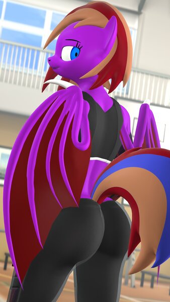 Size: 1080x1920 | Tagged: suggestive, artist:midnightdanny, ponerpics import, oc, unofficial characters only, anthro, bat pony, 3d, bat pony oc, bat wings, breasts, butt, clothes, female, image, jpeg, looking back, tracksuit, wings