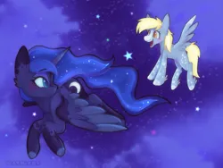 Size: 2160x1620 | Tagged: safe, artist:washifox, derpibooru import, derpy hooves, princess luna, alicorn, pegasus, pony, cloud, duo, ethereal mane, female, flying, image, lesbian, looking at each other, looking at someone, mare, night, png, ship:lunaderp, shipping, signature, sky, stars