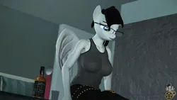 Size: 1920x1080 | Tagged: safe, artist:midnightdanny, ponerpics import, oc, oc:midnight harmony, unofficial characters only, anthro, pony, 3d, alcohol, bed, breasts, clothes, female, glasses, image, jpeg, mare, on bed, sad