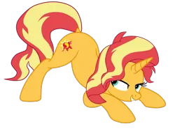 Size: 1611x1229 | Tagged: safe, artist:gmaplay, derpibooru import, sunset shimmer, pony, unicorn, equestria girls, g4, shake your tail, ass up, butt shake, dock, face down ass up, female, horn, image, mare, png, simple background, solo, tail, transparent background