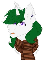 Size: 2890x3855 | Tagged: safe, artist:mustarddreams, derpibooru import, oc, oc:zenith night, unofficial characters only, unicorn, clothes, cute, ear piercing, horn, image, piercing, png, scarf, sparkly eyes, unicorn oc, wingding eyes