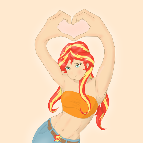 Size: 4096x4096 | Tagged: safe, alternate version, artist:applelord, derpibooru import, sunset shimmer, human, equestria girls, g4, heart hands, humanized, image, midriff, png, simple background