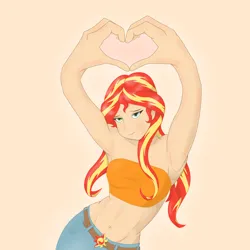 Size: 4096x4096 | Tagged: safe, alternate version, artist:applelord, derpibooru import, sunset shimmer, human, equestria girls, g4, heart hands, humanized, image, midriff, png, simple background