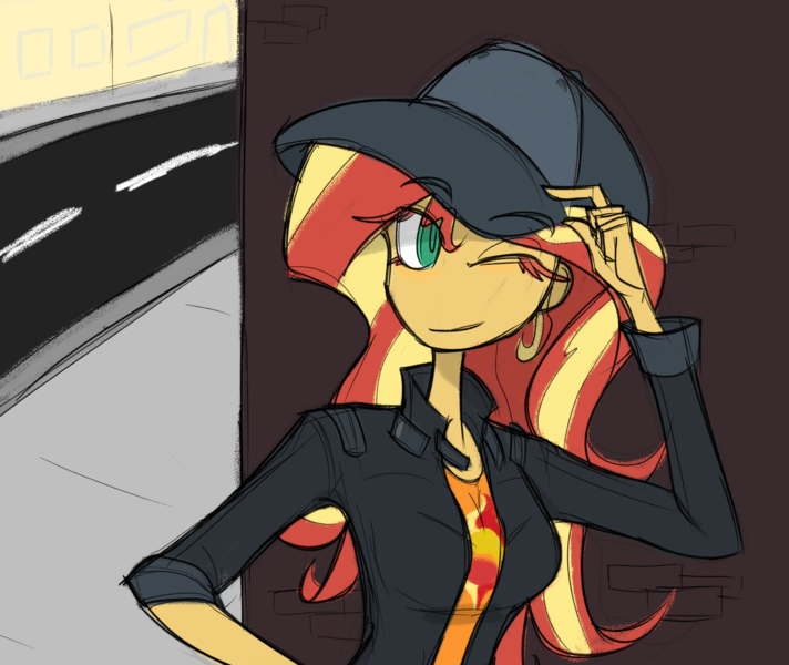 Size: 3500x2951 | Tagged: safe, artist:willowcatkin, derpibooru import, sunset shimmer, equestria girls, g4, brick wall, clothes, colored eyelashes, cutie mark, cutie mark on clothes, eyebrows visible through hair, eyelashes, female, flanksy, floating eyebrows, hand on hat, happy, hat, image, one eye closed, open jacket, outdoors, png, road, sidewalk, sketch, smiling, wink