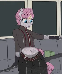 Size: 5000x6000 | Tagged: safe, artist:shade stride, derpibooru import, oc, oc:zerohour, unofficial characters only, anthro, crystal pony, belt, clothes, female, fingerless gloves, gloves, gun, image, jacket, midriff, panties, png, see-through, sitting, solo, solo female, underwear, watermark, weapon