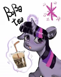 Size: 961x1201 | Tagged: safe, artist:lide, derpibooru import, twilight sparkle, pony, unicorn, g4, bubble tea, drink, female, horn, image, jpeg, levitation, magic, mare, one ear down, open mouth, simple background, solo, telekinesis, text, unicorn twilight, white background