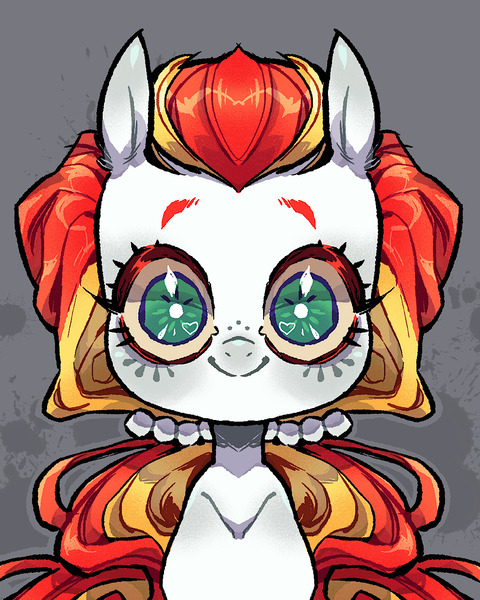 Size: 1080x1350 | Tagged: safe, alternate version, artist:batzy-artz, derpibooru import, part of a set, citrus sweetheart, earth pony, pony, g3, abstract background, alternate design, alternate hairstyle, big eyes, colored eyelashes, colored sclera, creepy, creepy smile, female, green eyes, hair tie, heart, heart eyes, image, jpeg, looking at you, mare, outline, ponytail, red eyelashes, shiny eyelashes, smiling, solo, staring at you, staring into your soul, symmetrical, tied mane, toy interpretation, two toned mane, white coat, white pupils, wide eyes, wingding eyes, yellow sclera