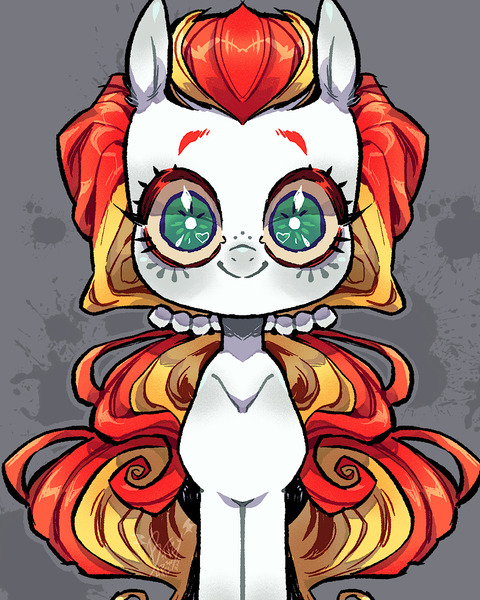 Size: 1080x1350 | Tagged: safe, alternate version, artist:batzy-artz, derpibooru import, part of a set, citrus sweetheart, earth pony, pony, g3, abstract background, alternate design, alternate hairstyle, big eyes, colored eyelashes, colored sclera, creepy, creepy smile, female, green eyes, hair tie, heart, heart eyes, image, jpeg, long mane, looking at you, mare, outline, ponytail, red eyelashes, shiny eyelashes, smiling, solo, standing, staring at you, staring into your soul, symmetrical, tied mane, toy interpretation, two toned mane, watermark, white coat, white pupils, wide eyes, wingding eyes, yellow sclera