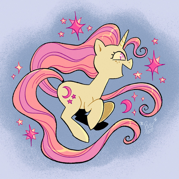 Size: 1080x1080 | Tagged: safe, artist:batzy-artz, derpibooru import, part of a set, baby moondancer, pony, unicorn, g1, abstract background, alternate hairstyle, alternate tailstyle, eyelashes, female, flowing mane, flowing tail, freckles, horn, image, jpeg, long mane, long tail, mare, no pupils, open mouth, open smile, pink eyes, pink mane, pink tail, profile, rearing, signature, smiling, sparkles, tail, toy interpretation, two toned mane, two toned tail, unicorn horn, watermark, yellow coat