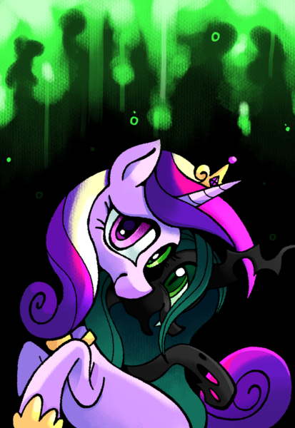 Size: 1410x2048 | Tagged: safe, artist:chipchapp, derpibooru import, princess cadance, queen chrysalis, alicorn, changeling, changeling queen, pony, g4, abstract background, changeling horn, colored pupils, crown, curly mane, curly tail, disguise, disguised changeling, duality, duo, duo female, eyelashes, female, gradient sclera, green eyes, hoof shoes, horn, image, implied changeling, jewelry, long horn, looking at you, looking back, mare, open mouth, open smile, peytral, pink coat, pink eyes, png, princess shoes, profile, purple pupils, raised hoof, raised hooves, regalia, smiling, smiling at you, tail, texture, three quarter view, three toned mane, tiara, two toned tail, unicorn horn, wingless