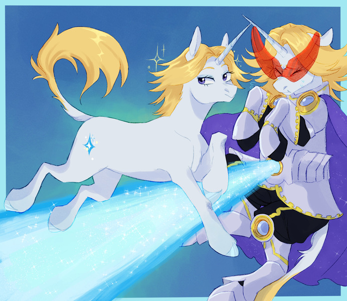 Size: 1500x1300 | Tagged: safe, artist:abbytabbys, derpibooru import, part of a set, ponified, classical unicorn, pony, unicorn, :>, anime, aoyama yuga, armor, baggy pants, belt buckle, blonde mane, blonde tail, blue background, blue eyeshadow, blue hooves, bodysuit, boots, border, cape, chestplate, clothes, cloven hooves, colored eyebrows, colored hooves, costume, duality, emanata, eyelashes, eyes closed, eyeshadow, floppy ears, fluffy mane, fluffy tail, galloping, hoof boots, hooves, horn, image, jpeg, laser, leonine tail, lidded eyes, long horn, looking back, magic, makeup, male, my hero academia, pants, passepartout, plewds, purple eyes, raised hoof, raised hooves, scrunchy face, shiny hooves, shiny mane, shiny tail, shoes, shoulder pads, simple background, solo, sparkles, superhero costume, sweat, sweatdrop, tail, tail fluff, teenager, three quarter view, unicorn horn, unshorn fetlocks, visor, white coat