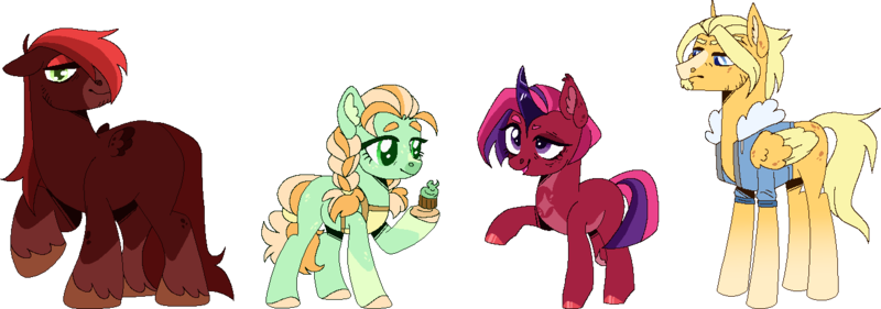 Size: 1352x475 | Tagged: safe, artist:jusenji, artist:nond-tastic, derpibooru import, oc, unofficial characters only, earth pony, pegasus, pony, unicorn, apron, base used, clothes, coat markings, collaboration, cupcake, earth pony oc, facial hair, facial markings, female, food, freckles, goatee, hoof hold, horn, image, jacket, male, mare, mealy mouth (coat marking), offspring, parent:applejack, parent:big macintosh, parent:flash sentry, parent:fluttershy, parent:rainbow dash, parent:soarin', parent:trouble shoes, parent:twilight sparkle, parents:flutterflash, parents:soarinjack, parents:troubledash, parents:twimac, pegasus oc, png, simple background, stallion, stripe (coat marking), transparent background, unicorn oc, wings