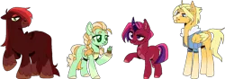 Size: 1352x475 | Tagged: safe, artist:jusenji, artist:nond-tastic, derpibooru import, oc, unofficial characters only, earth pony, pegasus, pony, unicorn, apron, base used, clothes, coat markings, collaboration, cupcake, earth pony oc, facial hair, facial markings, female, food, freckles, goatee, hoof hold, horn, image, jacket, male, mare, mealy mouth (coat marking), offspring, parent:applejack, parent:big macintosh, parent:flash sentry, parent:fluttershy, parent:rainbow dash, parent:soarin', parent:trouble shoes, parent:twilight sparkle, parents:flutterflash, parents:soarinjack, parents:troubledash, parents:twimac, pegasus oc, png, simple background, stallion, stripe (coat marking), transparent background, unicorn oc, wings