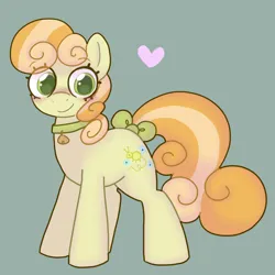 Size: 1800x1800 | Tagged: safe, artist:puppie, derpibooru import, junebug, earth pony, pony, g4, adorabug, background pony, bell, bell collar, bow, collar, curly mane, cute, female, green background, image, mare, png, simple background, solo, solo female, tail, tail bow, wingding eyes