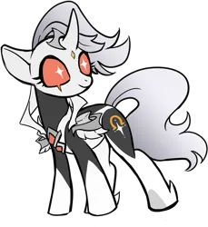 Size: 1096x1198 | Tagged: safe, artist:r-cang, derpibooru import, pony, unicorn, black coat, gray mane, grey tail, horn, image, orange sclera, png, simple background, smiling, solo, transparent background, white coat, white pupils