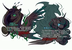 Size: 4093x2894 | Tagged: safe, artist:r-cang, derpibooru import, princess cadance, princess flurry heart, alicorn, pony, windigo, alternate universe, chinese text, dark, green eyes, image, jpeg, moon runes, older, older flurry heart, simple background, text, white background