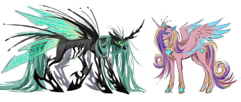 Size: 4841x2060 | Tagged: safe, artist:r-cang, derpibooru import, princess cadance, queen chrysalis, alicorn, changeling, changeling queen, pony, g4, duo, duo female, female, full body, image, jpeg, mare, side view, simple background, white background, wings