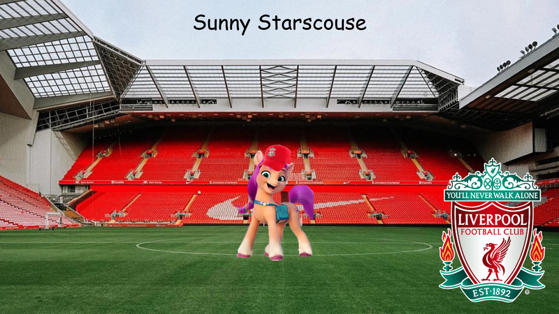 Size: 2000x1125 | Tagged: safe, derpibooru import, editor:izzymoonbow_444, sunny starscout, earth pony, pony, g5, anfield, cap, comic sans, hat, image, liverpool, liverpool fc, mane stripe sunny, nike, nike logo, png, solo