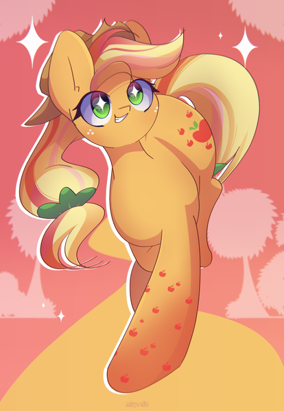 Size: 2000x2900 | Tagged: safe, artist:miryelis, derpibooru import, applejack, earth pony, pony, abstract background, freckles, full body, hat, image, long hair, png, rainbow power, smiling, solo, sparkles