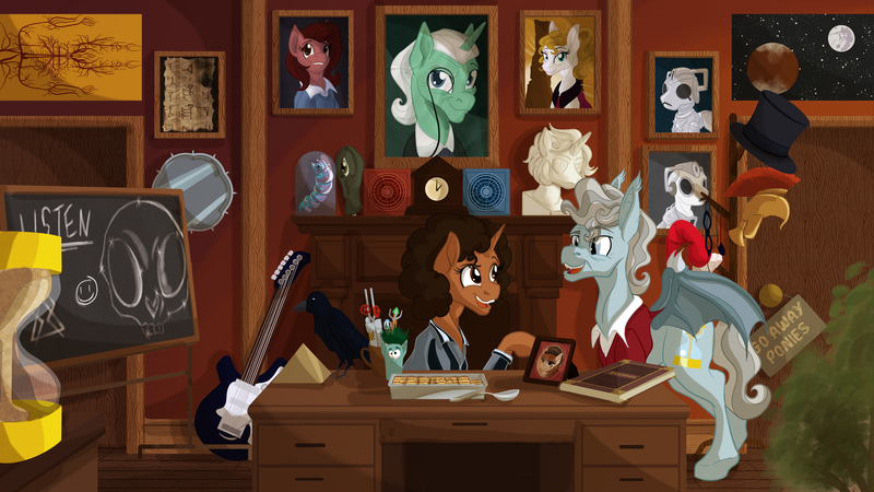 Size: 4000x2250 | Tagged: safe, artist:sixes&sevens, derpibooru import, ponified, bat pony, cyberman, pony, unicorn, bill potts, chalkboard, clara oswin oswald, desk, doctor who, first doctor, food, guitar, horn, hourglass, image, indoors, lasagna, musical instrument, pasta, png, river song (doctor who), susan foreman, twelfth doctor, wallpaper