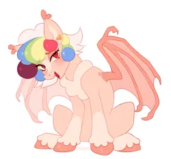 Size: 1450x1350 | Tagged: safe, artist:sociofag, derpibooru import, oc, unofficial characters only, bat pony, pony, bat pony oc, bat wings, colored wings, ear fluff, ear piercing, earring, eyebrows, eyebrows visible through hair, fangs, female, flirting, full body, hoof fluff, image, jewelry, mare, multicolored hair, multicolored wings, piercing, png, simple background, smiling, solo, solo female, spread wings, white background, wings