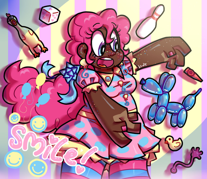 Size: 2613x2256 | Tagged: safe, artist:spritecranbirdie, derpibooru import, pinkie pie, human, :o, abstract background, balloon, blackwashing, cube, dark skin, humanized, hybrid arms, image, jpeg, open mouth, solo