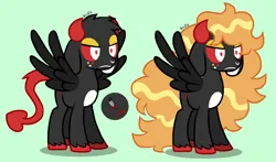 Size: 3000x1767 | Tagged: safe, artist:spritecranbirdie, derpibooru import, demon, goat, pegasus, pony, black coat, image, long hair, png, red sclera, simple background, solo, teal background, white eyes