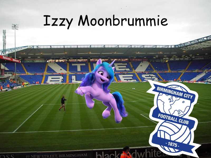 Size: 1500x1125 | Tagged: safe, derpibooru import, editor:izzymoonbow_444, izzy moonbow, human, pony, unicorn, g5, birmingham, birmingham city, comic sans, football, horn, image, irl, irl human, photo, png, solo, sports, st andrews