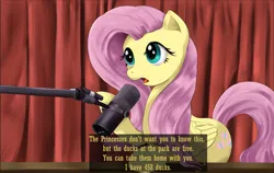 Size: 2293x1445 | Tagged: safe, artist:lillslim, derpibooru import, fluttershy, ponified, pegasus, pony, g4, curtains, dialogue, digital art, digital painting, drawthread, female, folded wings, image, mare, meme, microphone, open mouth, png, podcast, ponified meme, requested art, shiny eyes, solo, subtitles, wings