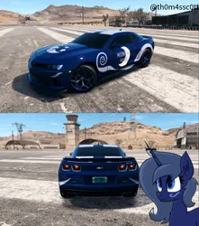 Size: 956x1080 | Tagged: safe, artist:kiwipone, artist:snowy starshine, derpibooru import, oc, oc:midnight music, pony, unicorn, airfield, car, horn, image, looking up, mountain, mountain range, need for speed, png, sky