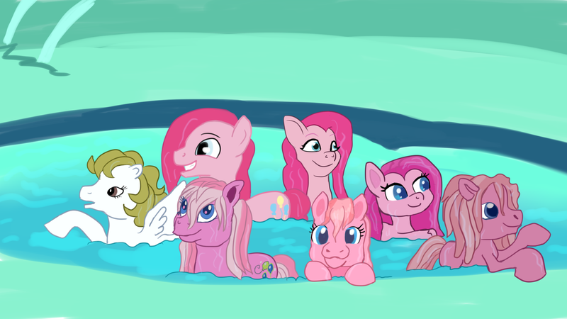 Size: 1920x1080 | Tagged: safe, artist:jbond, derpibooru import, pinkie pie, pinkie pie (g3), surprise, earth pony, pegasus, pony, g1, g3, g4, g5, my little pony: pony life, my little pony: tell your tale, bubble berry, female, g3.5, generational ponidox, group, image, male, mare, mirror pool, multeity, newborn, newborn cuties, png, rule 63, self paradox, self ponidox, show accurate, stallion, swimming, wet, wet mane