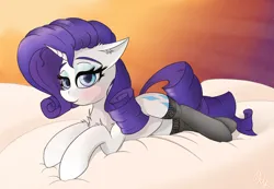 Size: 2128x1472 | Tagged: safe, artist:raritymylove, derpibooru import, rarity, pony, bedroom eyes, blushing, chest fluff, clothes, cloud, ear fluff, floppy ears, image, looking at you, lying down, png, smiling, smiling at you, socks, solo, sunset, thigh highs