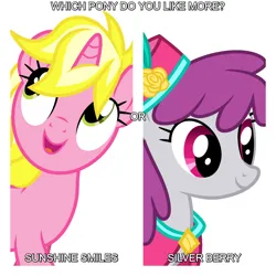 Size: 1080x1080 | Tagged: safe, artist:cloudy glow, derpibooru import, edit, editor:jaredking779, pinot noir, shiraz, silver berry, sunshine smiles, earth pony, pony, unicorn, g4, background pony, duo, duo female, female, horn, image, jpeg, mare, open mouth, question, simple background, smiling, white background